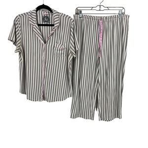 PJ Couture White Gray Striped Pink Lace Short Sleeve Set Light Women's XL READ